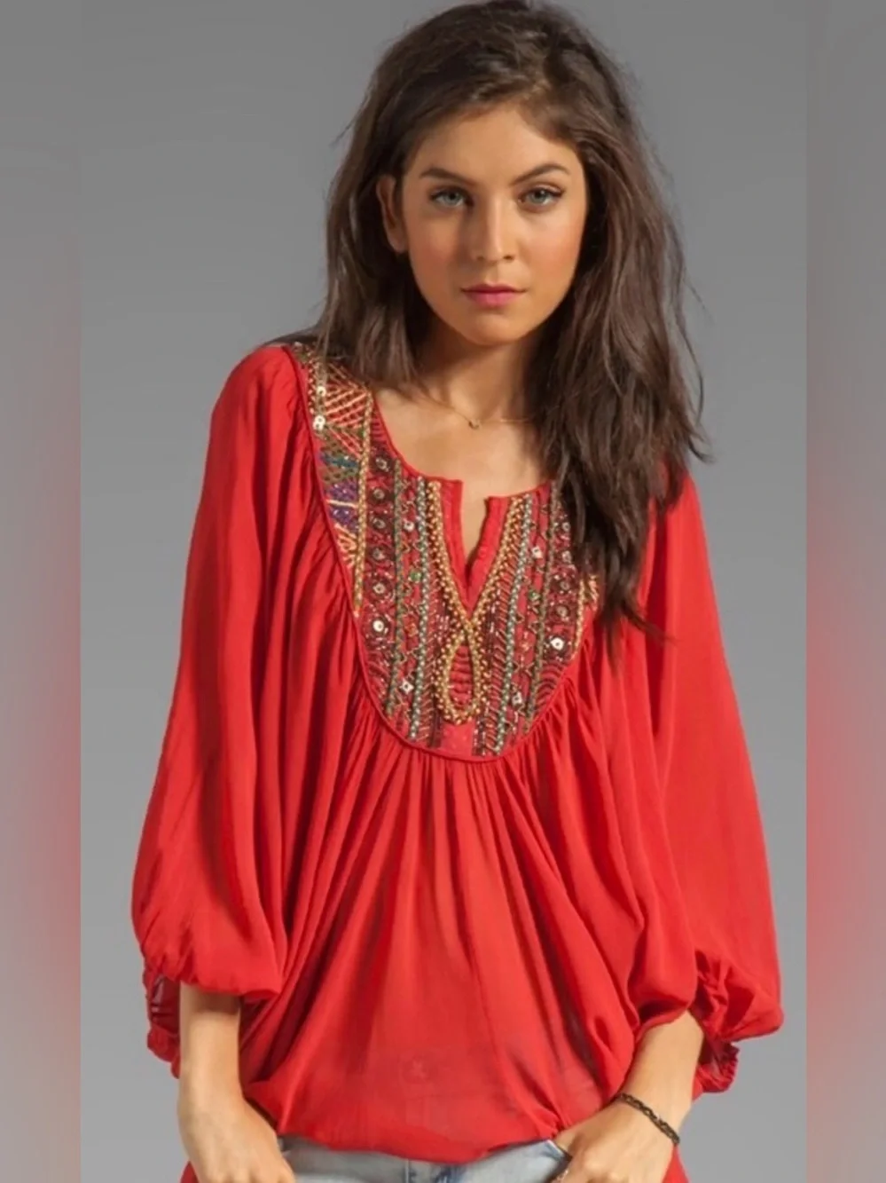 Free People Fortune Teller Tunic Top Red Beaded Embroidered Boho Caftan